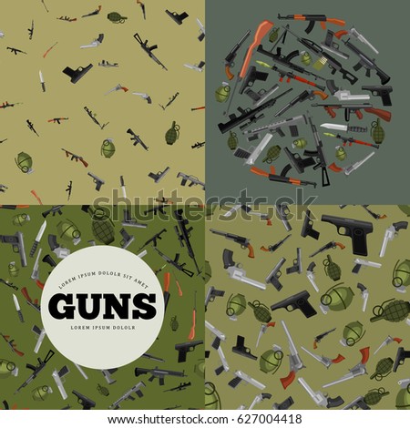 military gun set, automatic and hand weapon in magazine barrel with bullets for protection shoting or war collection, handgun for hunting equipment, ammunition background vector illustration