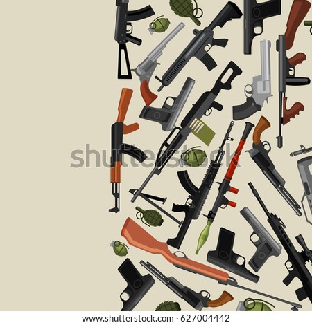 military gun set, automatic and hand weapon in magazine barrel with bullets for protection shoting or war collection, handgun for hunting equipment, ammunition background vector illustration