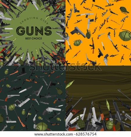 military gun set, automatic and hand weapon in magazine barrel with bullets for protection shoting or war collection, handgun for hunting equipment, ammunition background vector illustration