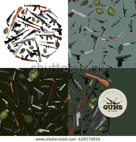 military gun set, automatic and hand weapon in magazine barrel with bullets for protection shoting or war collection, handgun for hunting equipment, ammunition background vector illustration