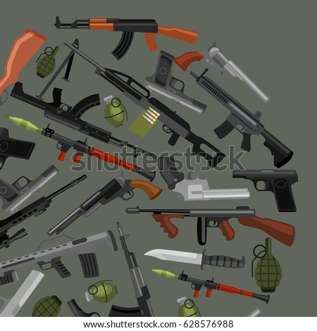 military gun set, automatic and hand weapon in magazine barrel with bullets for protection shoting or war collection, handgun for hunting equipment, ammunition background vector illustration