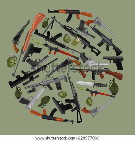 military gun set, automatic and hand weapon in magazine barrel with bullets for protection shoting or war collection, handgun for hunting equipment, ammunition background vector illustration