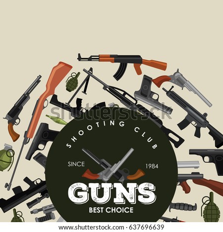 military gun set, automatic and hand weapon in magazine barrel with bullets for protection shoting or war collection, handgun for hunting equipment, ammunition background vector illustration