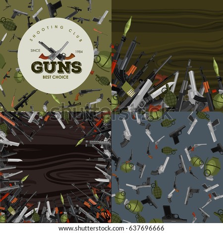 military gun set, automatic and hand weapon in magazine barrel with bullets for protection shoting or war collection, handgun for hunting equipment, ammunition background vector illustration