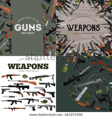 military gun set, automatic and hand weapon in magazine barrel with bullets for protection shoting or war collection, handgun for hunting equipment, ammunition background vector illustration