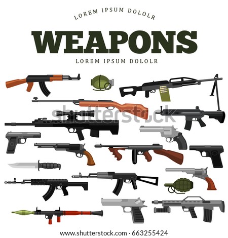 military gun set, automatic and hand weapon in magazine barrel with bullets for protection shoting or war collection, handgun for hunting equipment, ammunition background vector illustration