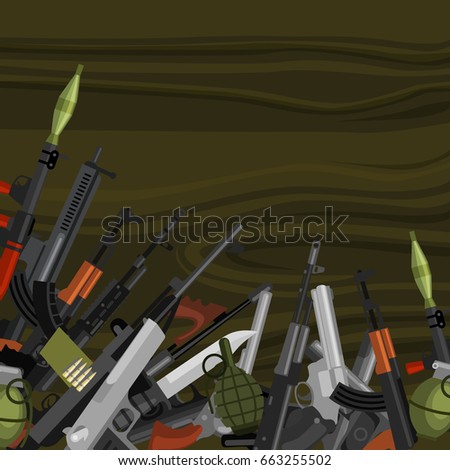military gun set, automatic and hand weapon in magazine barrel with bullets for protection shoting or war collection, handgun for hunting equipment, ammunition background vector illustration