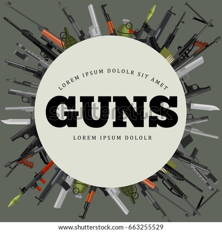 military gun set, automatic and hand weapon in magazine barrel with bullets for protection shoting or war collection, handgun for hunting equipment, ammunition background vector illustration