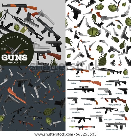 military gun set, automatic and hand weapon in magazine barrel with bullets for protection shoting or war collection, handgun for hunting equipment, ammunition background vector illustration