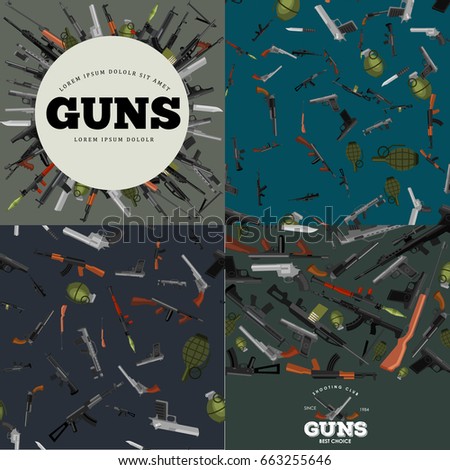 military gun set, automatic and hand weapon in magazine barrel with bullets for protection shoting or war collection, handgun for hunting equipment, ammunition background vector illustration