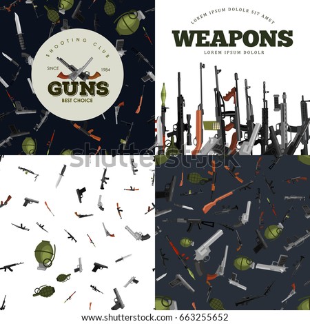 military gun set, automatic and hand weapon in magazine barrel with bullets for protection shoting or war collection, handgun for hunting equipment, ammunition background vector illustration