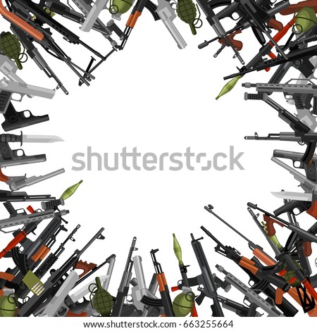 military gun set, automatic and hand weapon in magazine barrel with bullets for protection shoting or war collection, handgun for hunting equipment, ammunition background vector illustration