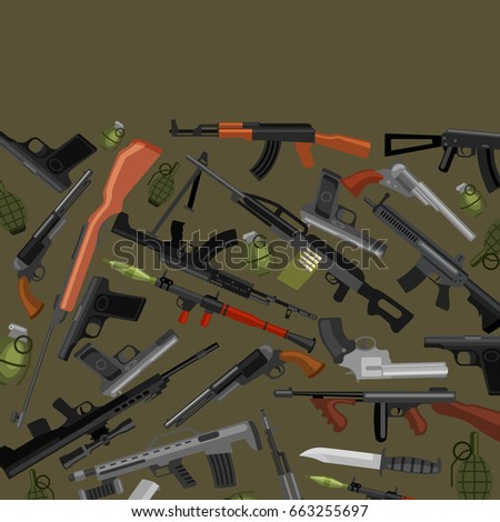 military gun set, automatic and hand weapon in magazine barrel with bullets for protection shoting or war collection, handgun for hunting equipment, ammunition background vector illustration