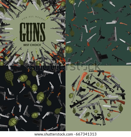 military gun set, automatic and hand weapon in magazine barrel with bullets for protection shoting or war collection, handgun for hunting equipment, ammunition background vector illustration