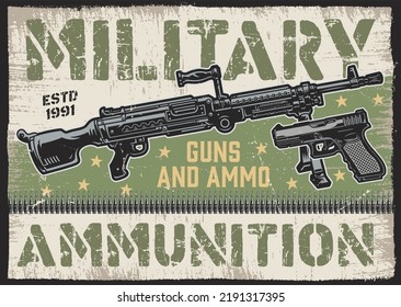 Military Guns Vintage Colorful Label For Weapon Shop With M60 Rapid Fire Machine Gun And Colt Pistol Vector Illustration