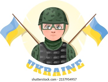 Militärischer Typ mit ukrainischer Flagge und Inschrift "Ukraine"