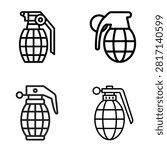 Military hand grenade vector icons set, weapon explosive outline line art illustration for security, defense, military tactical, and gaming design concepts