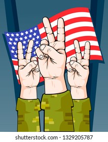 Military hands with victory sign and anerican flag, vector illustration
