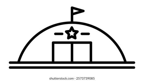 Military hangar with a flag and star symbol. Editable stroke.