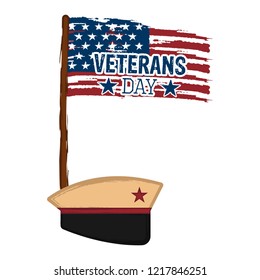 Military hat with the flag of USA. Veteran day label. Vector illustration design