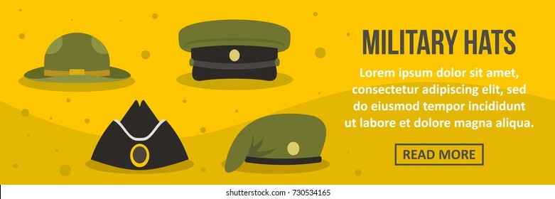 Military Hats Banner Horizontal Concept. Flat Illustration Of Military Hats Banner Horizontal Vector Concept For Web Design