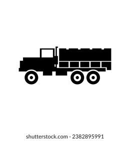 Military Heavy Cargo Truck or  2½-ton cargo truck in black fill silhouette icon. Vector illustration of war design element in trendy style. Editable graphic resources for many purposes.