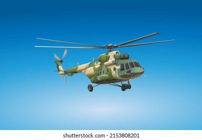 Military helicopter 3d blueprint. Industrial isolated image. War copter. Vector illustration Blue sky wallpaper. Abstract. Vector illustration.