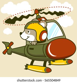 military helicopter with cute bear pilot, vector cartoon illustration