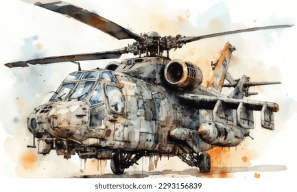 Military helicopter drawing illustration art vintage watercolor painting.
