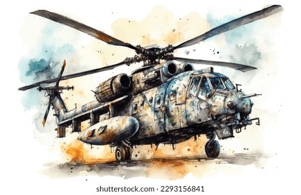 Militärhubschrauber Zeichnung Illustration Kunst Vintage Aquarell Malerei.
