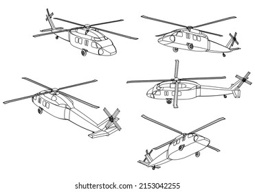 Military helicopter drawing line art vector illustration. Cartoon helicopter drawing for coloring book for kids and children.