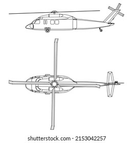 Military helicopter drawing line art vector illustration. Cartoon helicopter drawing for coloring book for kids and children.