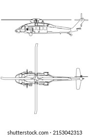 Military helicopter drawing line art vector illustration. Cartoon helicopter drawing for coloring book for kids and children.