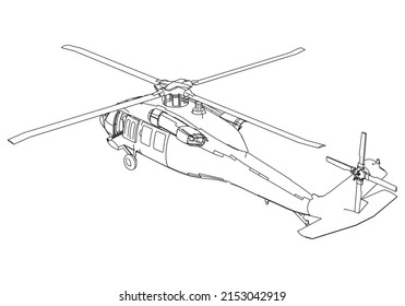 Military helicopter drawing line art vector illustration.