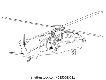 Ilustración vectorial de la línea de dibujo de helicópteros militares.