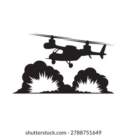 Military helicopter flies above an explosion depicted in a stark silhouette
