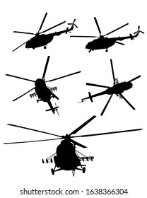 Military helicopter flies in sky. Silhouette on a white background