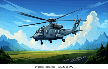 A military helicopter flying through the skies in a cartoon picture.