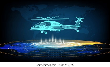 Military Helicopter with Futuristic High Technology Laser Projection. Science Fiction theme Wallpaper.