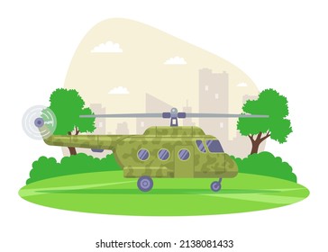 military helicopter landing on the ground. aircraft landing. camouflage for military equipment. flat vector illustration.