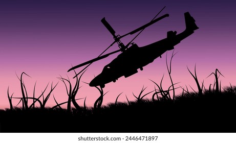 military helicopter on the battlefield, flat color illustration