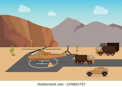 Military helicopter on the runway and military trucks 2d vector illustration concept for banner, website, illustration, landing page, flyer, etc.