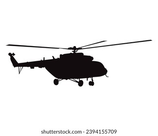Military helicopter silhouette vector graphic in black. Vector illustration