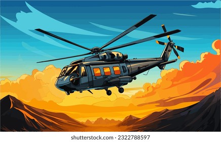 A military helicopter soaring through the sky is depicted in cartoon form