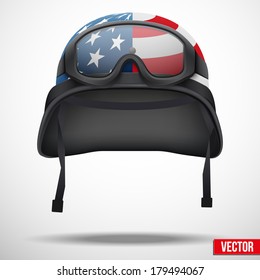 Military helmet and goggles with USA flag. Vector illustration. Metal army symbol of defense. Isolated on white background. Editable.