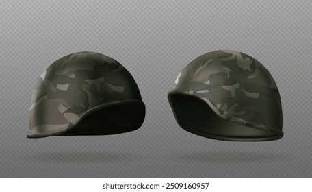 Military helmet mockups set isolated on transparent background. Vector realistic illustration of protective equipment for army soldier head, safety gear in camouflage colors, tactical warfare headgear