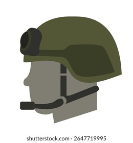 Military helmet with night vision gear showcased on a gray silhouette against a white background