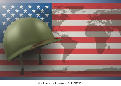 Military helmet on the background of the American flag with world map. Veterans day Poster of WWII or modern wars. Vector Illustration.