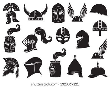 Military helmets vector icons set (ancient Roman, Gallic, Norman, viking, Greek or Spartan warrior, medieval knight) 