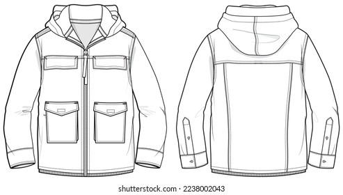 Military Hooded jacket design flat sketch Illustration, cargo pocket Hoodei sweater jacket with front and back view, winter jacket for Men and women. for hiker, outerwear and workout in winter